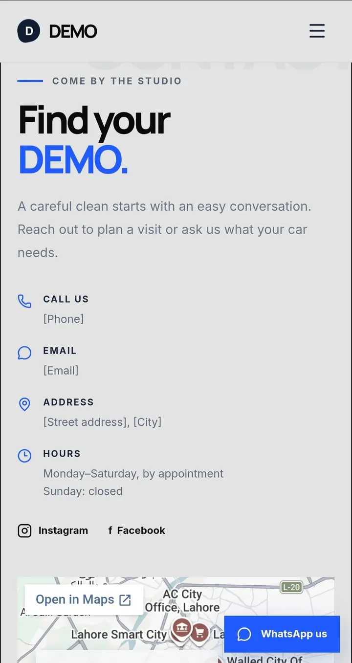 Car detailing contact information and location.