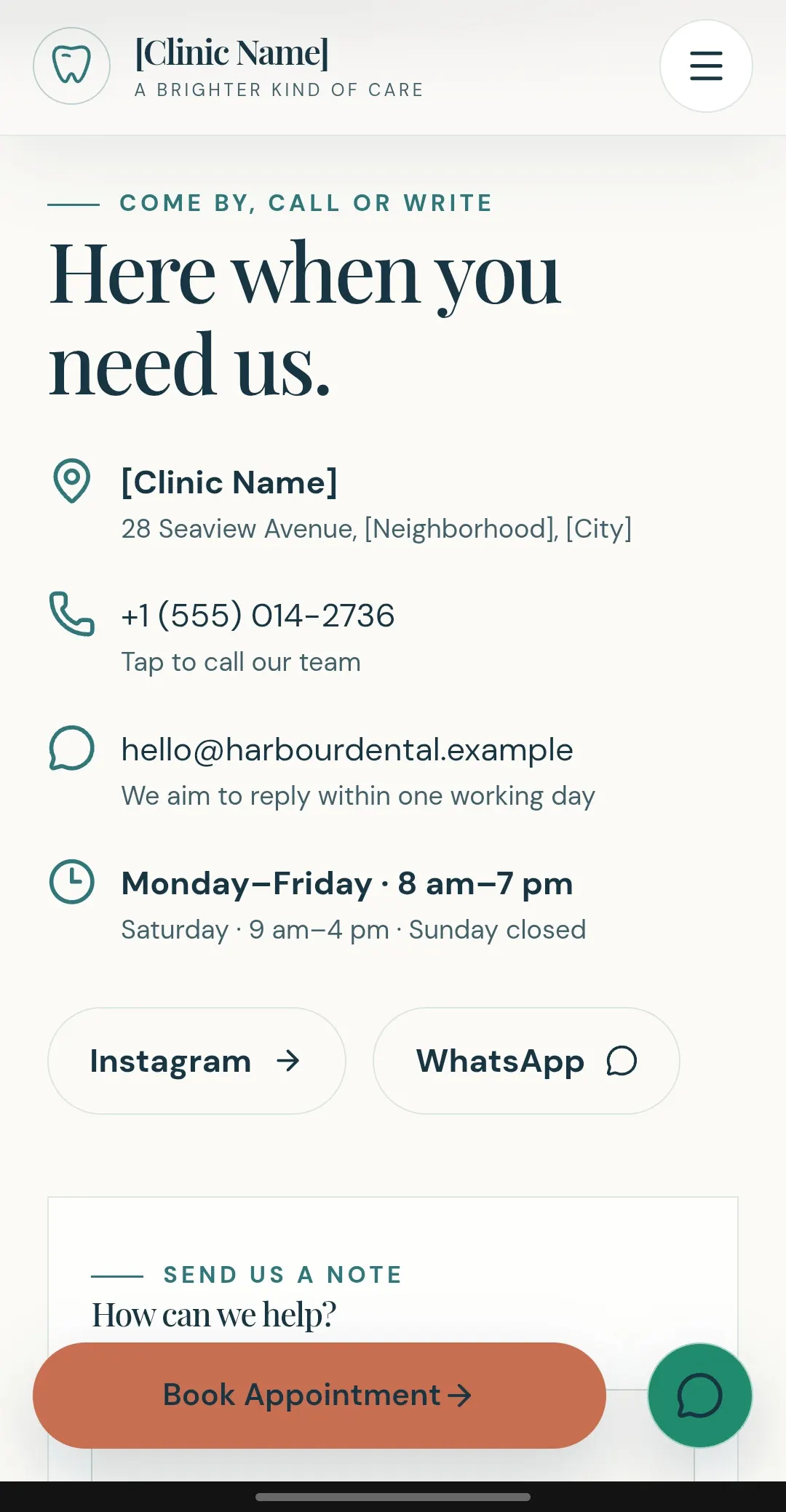 Clinic contact details, opening hours, and enquiry form.