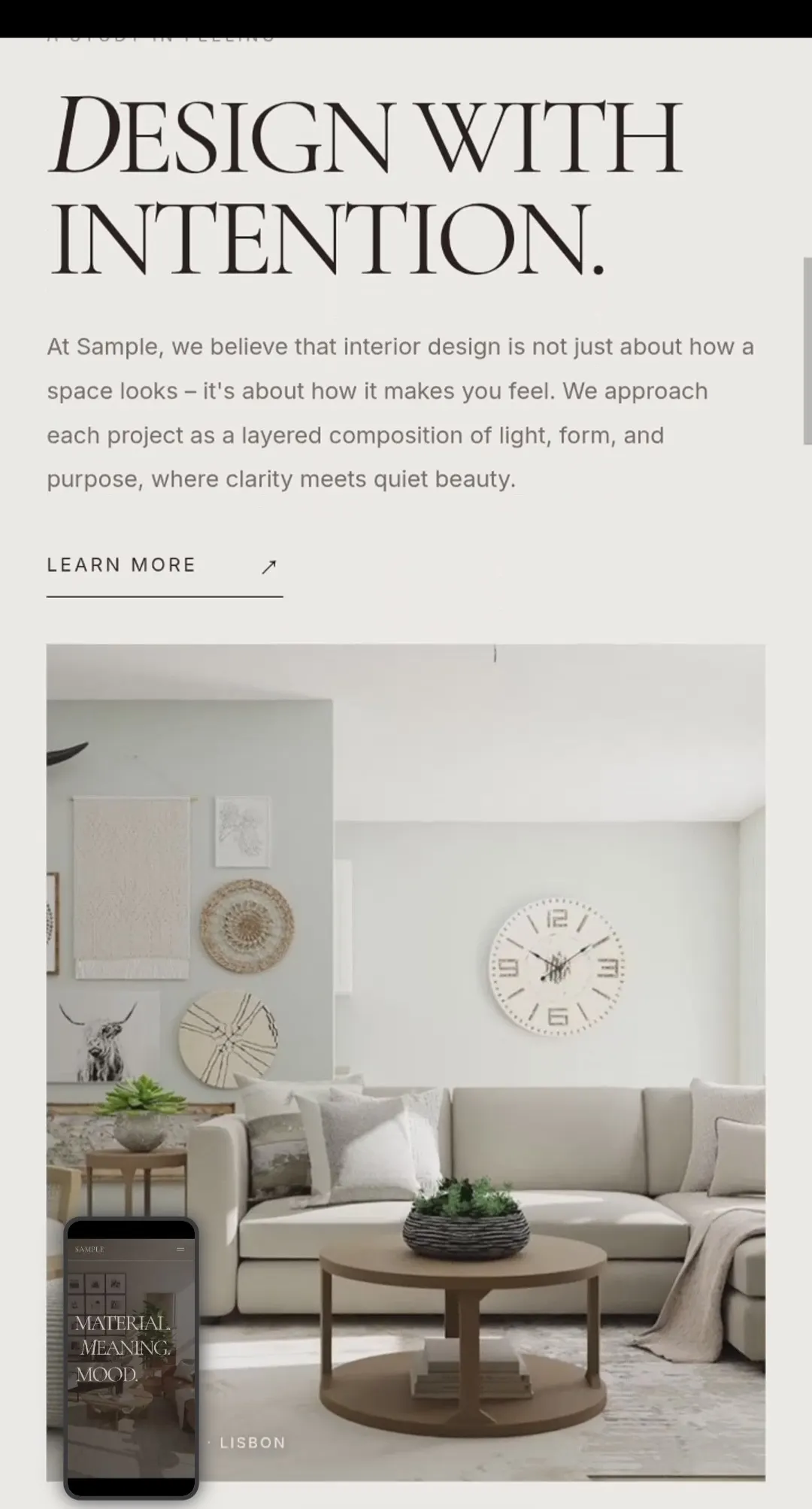 Interior design approach with a living-room project photograph.