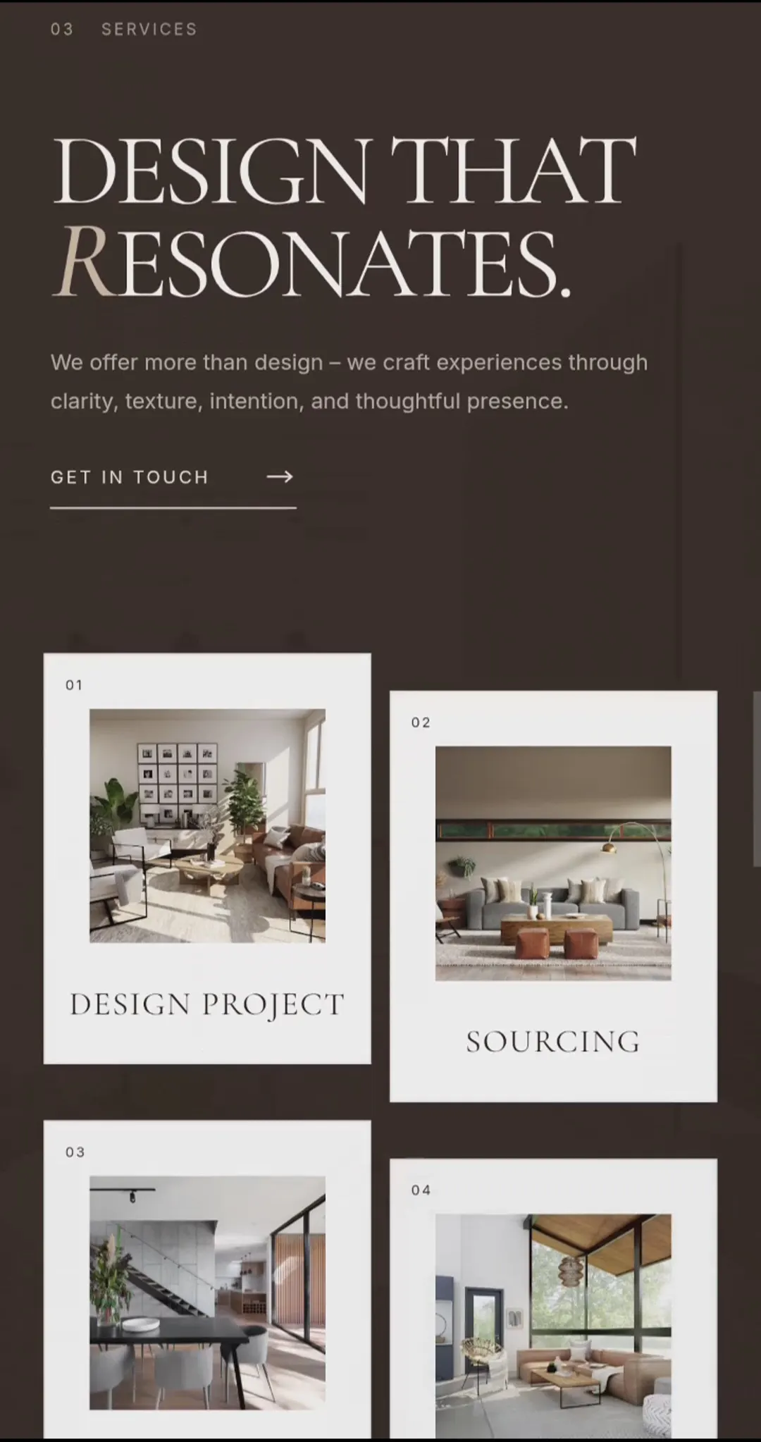 Interior design studio projects presented as editorial cards.