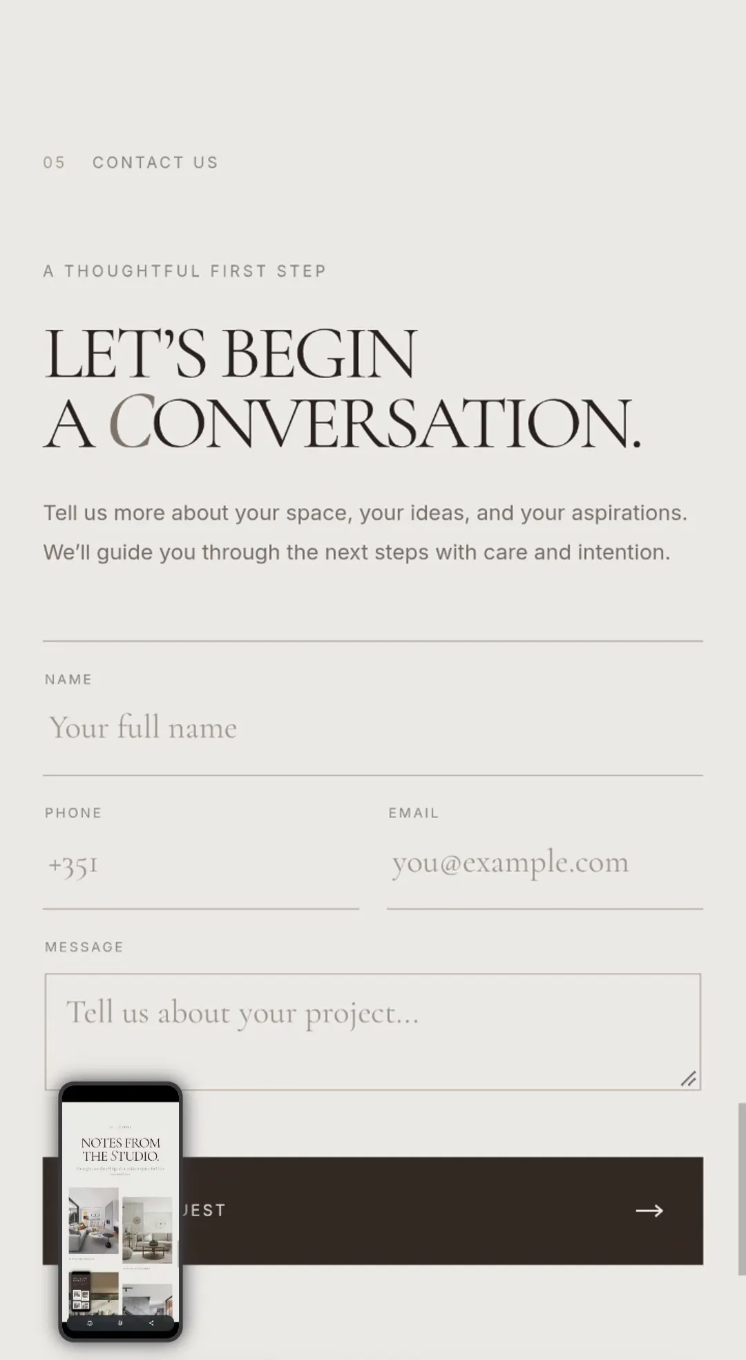 Interior design project enquiry form.