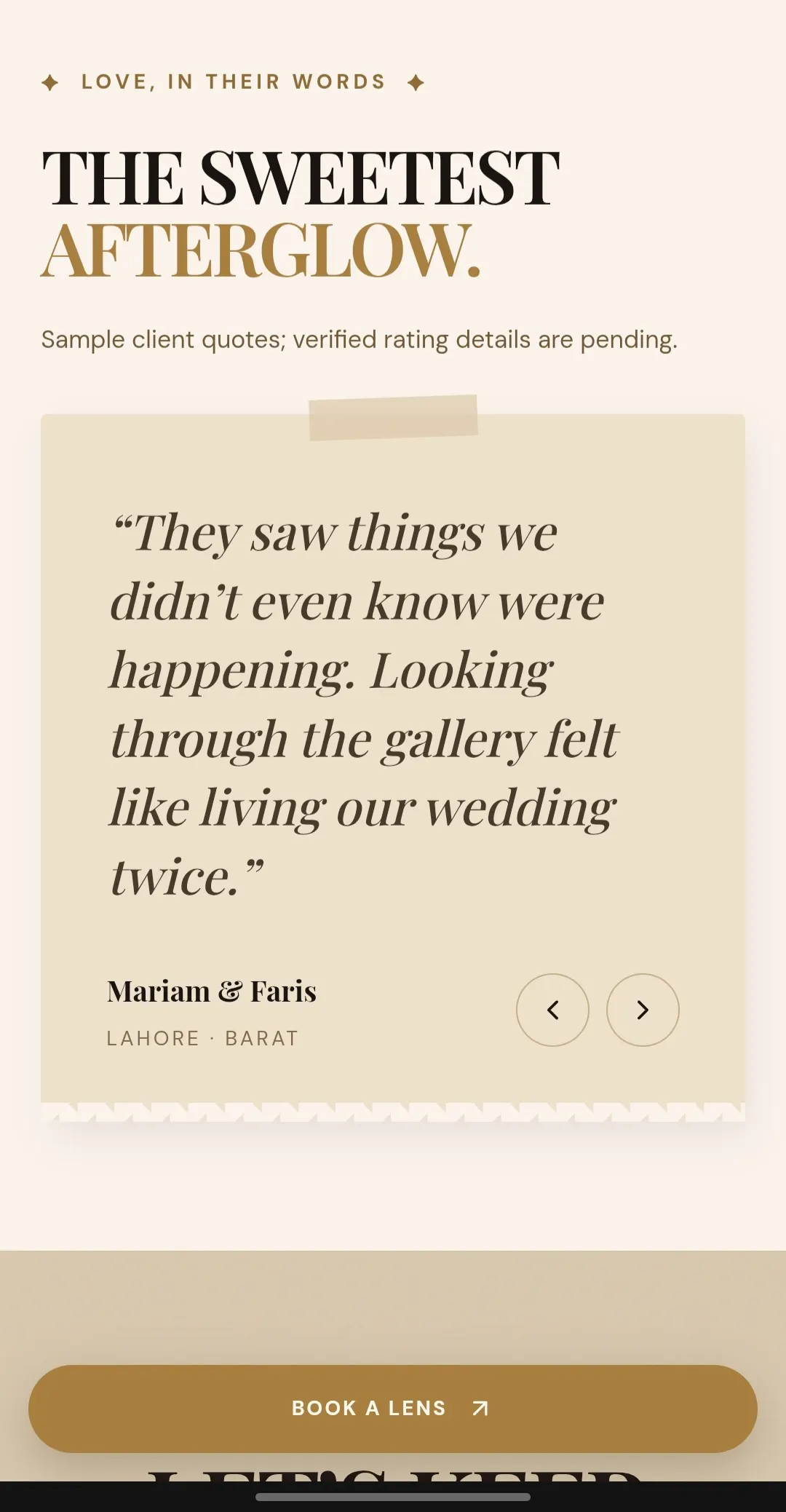 Wedding client testimonial.
